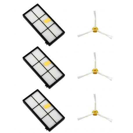 Pack de 3 filtros para Roomba serie 700 y 3 cepillos laterales de 3 aspas para Roomba series 500-600-700-800