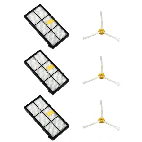 Pack de 3 filtros para Roomba serie 700 y 3 cepillos laterales de 3 aspas para Roomba series 500-600-700-800